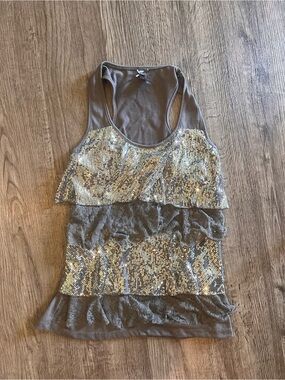 Vanity grey and silver Express sequin and lace tiered tank top